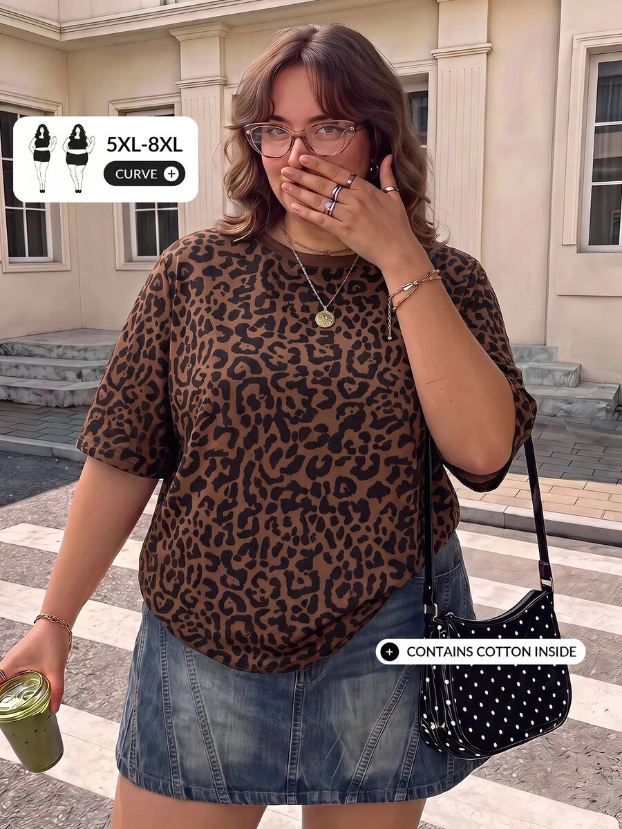 SHEIN CURVE+ 大尺碼 22W 休閒極簡寬鬆豹紋圓領女款T恤,適合秋冬穿著 - 彩色 - 查看 1