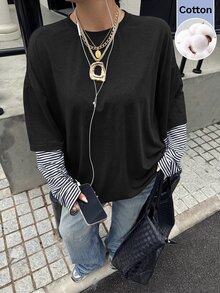 Muchica 大尺碼女款拼接條紋 2 合 1 休閒傳統軟挺 T 恤 正式度假風 黑白配色 秋季 - 黑色 - 查看 8