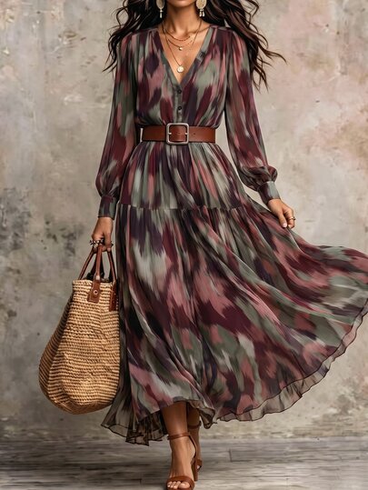 SHEIN Vestido de invierno para mujer, vestido estampado para mujer, vestido casual para salidas para mujer, vestido de estilo francés para mujer, vestido de oficina para mujer