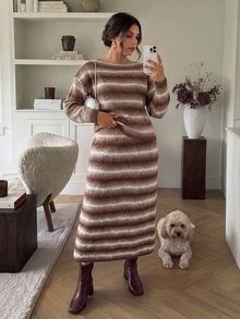 Firerie Plus Size Gradient Cold Shoulder Long Sleeve Knit Top And High Waist Mermaid Skirt 2 Pieces Set Party Formal, Fall/Winter, Thanksgiving, New Year - Multicolor - View 4