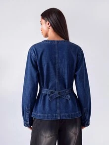 LYSMO Women's Casual Cinched Waist Denim Top, Autumn - Medium Wash - View 4