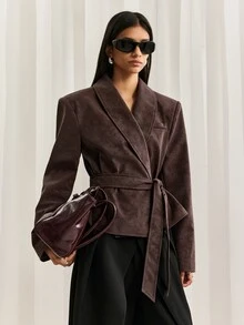 LYSMO Jaket Lengan Panjang Wanita Warna Polos Kasual Serbaguna untuk Sehari-hari - Coklat - View 7