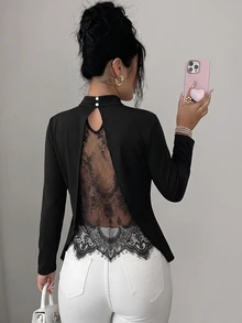 SHEIN Elenzya 秋季優雅透視蕾絲背部設計長袖T恤，可作為內搭或外穿，女款春/秋季 - 黑色 - 查看 3