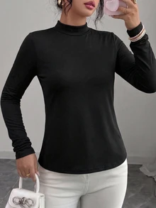 SHEIN Elenzya 秋季優雅透視蕾絲背部設計長袖T恤，可作為內搭或外穿，女款春/秋季 - 黑色 - 查看 4