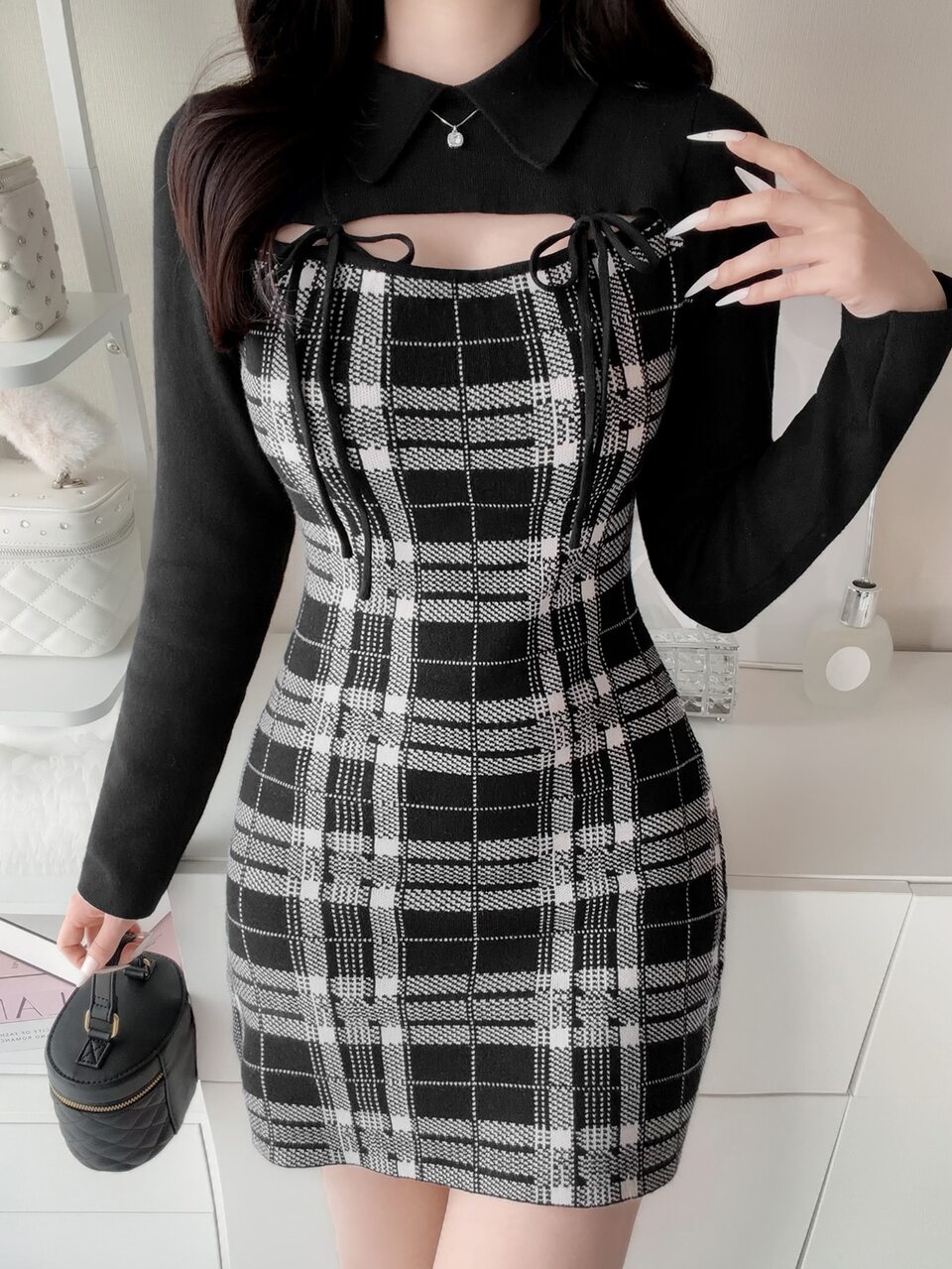Women's Patchwork Plaid Cutout Design Front Tie Long Sleeve Knit Dress Fall