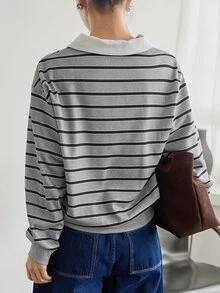Dazy-Less Áo nỉ nữ phong cách Hàn Quốc kẻ sọc phối màu, cài nút nửa ngực, phong cách công sở thường ngày cho mùa thu - Đen và trắng - Xem 2