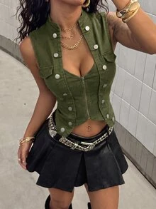 StreetHx Women's Zipper Placket Button Design Denim Vest Jacket - Army Green - View 3