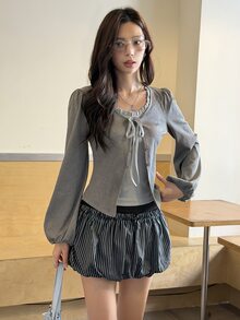 K-Vae Women's Korean Ins Style 2 In 1 Grey Frill Trim Oversized Scoop Neck Tie-Front Knit Cardigan, Contrast Color Drawstring Lantern Sleeve Grey Ribbed Sexy Sweet Girl Slimming T-Shirt - Grey - View 7