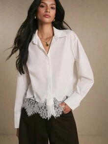 Poéselle Women's Elegant Commute Solid Color Lace Patchwork Blouse - White - View 2