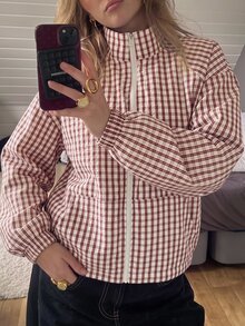SHEIN EZwear 格紋編織女款休閒夾克 - 紅色 - 查看 9