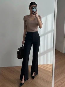 DAZY 女款純色休閒修身顯瘦長款喇叭褲 - 黑色 - 查看 2