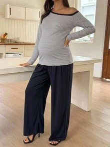 Dazy Maternity Striped Asymmetrical Shoulder Long Sleeve T-Shirt & Straight Leg Pants Casual Vacation Home Daily Spring Autumn Maternity 2 Pieces Set - Black - View 8