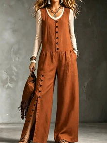 SHEIN Women's Solid Color Button Front Pocket Wide Leg Sleeveless Jumpsuit - Orange - View 1