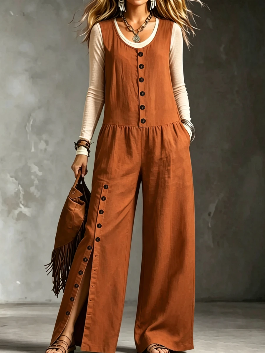 SHEIN Women's Solid Color Button Front Pocket Wide Leg Sleeveless Jumpsuit - Orange - View 1