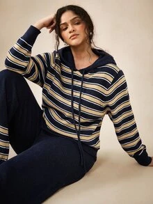 Nubod Plus Size Knit Colorblock Hooded Top And Pants Tie-Up Sweater Set, Casual And Comfortable - Multicolor - View 1