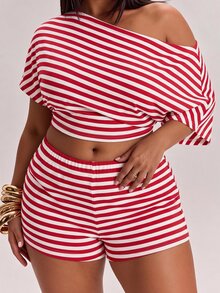 SHEIN BAE CURVE 大尺碼女款黃色不對稱單肩無袖上衣與迷你短褲2件套 - 紅色 - 查看 2
