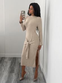 Elenzga Gaun Sweater Minimalis dengan Tali Pengikat dan Belahan Samping - Aprikot - View 5