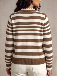 Linhara CURVE Sweater Rajut Renda Lengan Panjang Leher Bulat Bergaris Ukuran Plus Wanita Musim Gugur/Dingin - Khaki - View 2