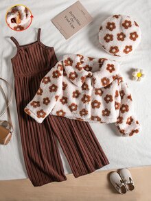 Genkimix Kids Women's Long Plush Coffee Brown Floral Pattern Large Collar Long Sleeve Button-Up Jacket + Hat Accessory, Paired With Brown Ribbed Tank Top Jumpsuit Set, Suitable For Autumn/Winter Daily Wear, Travel, Vacation, And Party - Brown - View 1