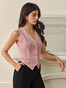 SHEIN Tall 秋冬款純色鈕扣前襟背心西裝外套 - 粉色 - 查看 4