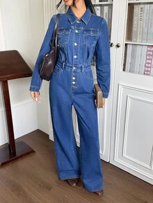 Rivivi Women's Long Sleeve Single-Breasted Pocket Design Casual Denim Jumpsuit - Blue - View 1
