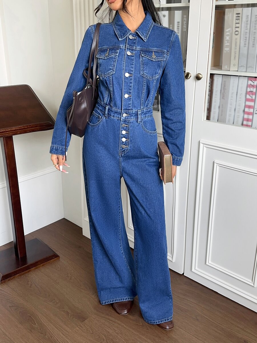Rivivi Women's Long Sleeve Single-Breasted Pocket Design Casual Denim Jumpsuit - Blue - View 1