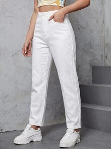 SHEIN ICON 女款休閒百搭丹寧Mom牛仔褲，附口袋 - 白色 - 查看 7