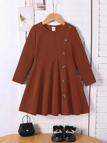 Emery Rose Kids Emery Rose Kids 女童優雅休閒圓領套頭拼色短袖中長洋裝，適合學校、日常休閒，秋冬穿著 - 鏽棕色 - 查看 4