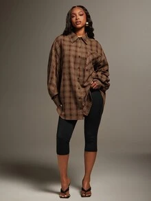 Denimoi Asymmetrical Button Front Plaid Top Fashionable Streetwear Cool Girl Style Fashion Tops Fall - Brown - View 6