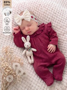 SHEIN Newborn Spring/Autumn Baby Girl Skin-Friendly Solid Color Cotton Footed Romper 0-9 Months Sweet Ruffle Collar Long Sleeve Snap Button Easy On/Off Crawl Suit - Burgundy - View 1