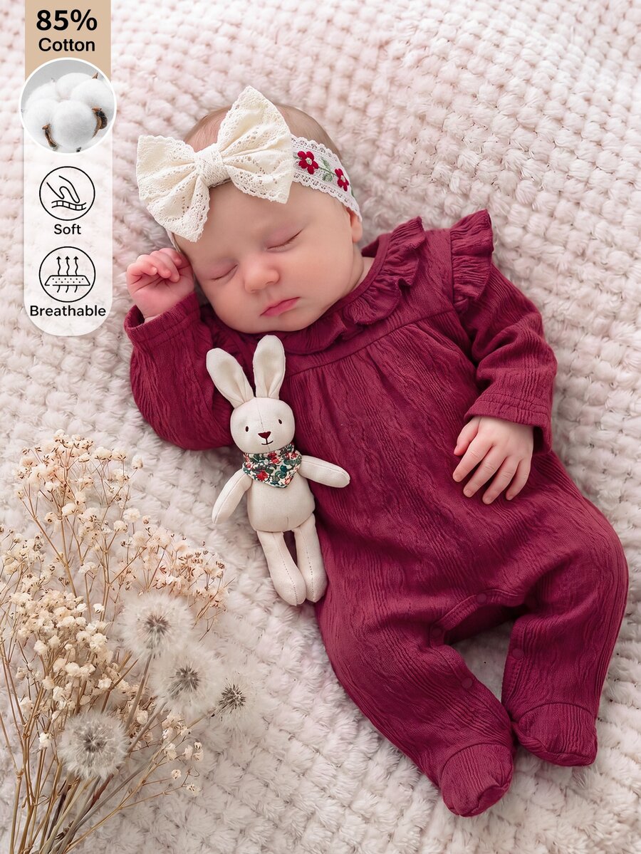 SHEIN Newborn Spring/Autumn Baby Girl Skin-Friendly Solid Color Cotton Footed Romper 0-9 Months Sweet Ruffle Collar Long Sleeve Snap Button Easy On/Off Crawl Suit - Burgundy - View 1