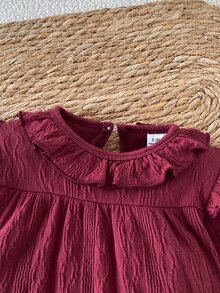 SHEIN Newborn Spring/Autumn Baby Girl Skin-Friendly Solid Color Cotton Footed Romper 0-9 Months Sweet Ruffle Collar Long Sleeve Snap Button Easy On/Off Crawl Suit - Burgundy - View 4