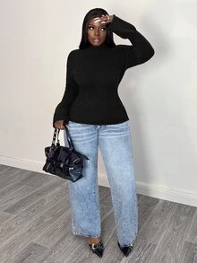 Selianne Atasan Sweater Rajut Wanita Model Kerah Semi Tinggi, Pinggang Pas, Lengan Lentera Berkerut - Hitam - View 1
