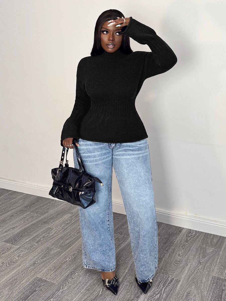 Selianne Atasan Sweater Rajut Wanita Model Kerah Semi Tinggi, Pinggang Pas, Lengan Lentera Berkerut - Hitam - View 1