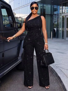 Poshavie Poshavie Plus Size Sparkly Asymmetric Off Shoulder 2 Pieces Set, Ruched Wrap Top & Wide Leg Pants Elegant Party Outfit - Black - View 5