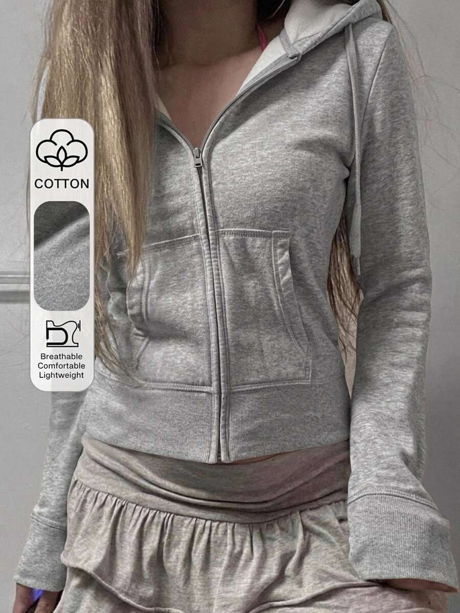DAZY 秋季新款返校季修身連帽女款運動衫 - 灰色 - 查看 1