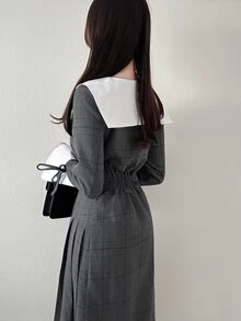 FRIFUL Women's Colorblock Plaid Casual Daily Summer Long Dress - Black and White - View 8