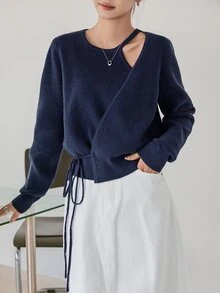 Dazy-Less Women's Solid Color Asymmetric Design Long Sleeve Side Waist Knot Knit Cardigan Business Casual Woman Fall - Navy Blue - View 3