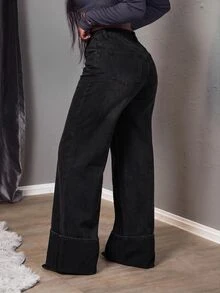 SHEIN Tall 女款休閒日常牛仔褲，附口袋與鈕扣設計 - 黑色 - 查看 3