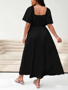 Solflare Spring/Summer Vacation Short Sleeve Plus Size Women Solid Color Front Tie Dress - Black - View 2