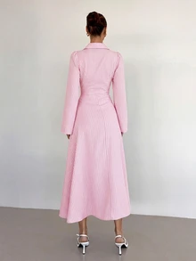 Siren Gaze Women's Striped Collared Waist Metal Decor Patchwork Ruffle Hem Elegant Long Dress - Pink - View 7