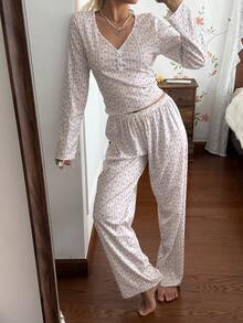 CottageSlumber Ice Silk Ribbed Fabric Striped Ditsy Floral Long Sleeve Long Pants Pajama Set - Multicolor - View 5