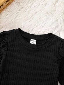 SHEIN 可愛拼色豹紋長袖荷葉袖洋裝，適合女嬰 - 黑色 - 查看 7
