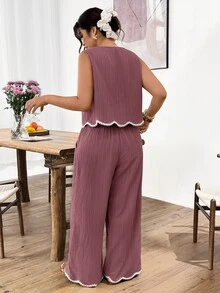 Lounesse Plus Size Women's Round Neck Sleeveless Blouse And Wide Leg Pants Casual 2 Pieces Set - Burgundy - View 2