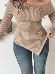 Modelyn Sweater Asimetris Polos Elegan Ukuran Besar, Musim Gugur - Unta - View 5