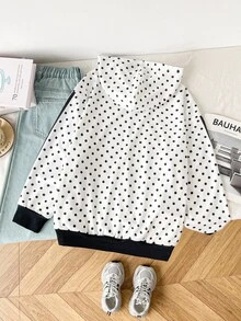 SHEIN 青少年女孩休閒時尚波點圖案厚實舒適柔軟衛衣，適合秋冬日常、街頭、戶外、Y2K、運動、校園、開學季，甜美少女風 - 白色 - 查看 6