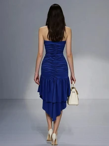 INAWLY Women's Solid Color Pleated Asymmetrical Hem Fashion Strapless Dress - Navy Blue - View 2