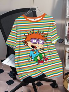 Nick 90s | SHEIN Kaos Kasual Lengan Pendek Leher Bulat Motif Kartun Garis-garis untuk Wanita Ukuran Besar - Putih - View 8