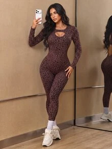 Slayform Women's Leopard Print Cutout Design Long Sleeve Sports Jumpsuit - Brown - View 1