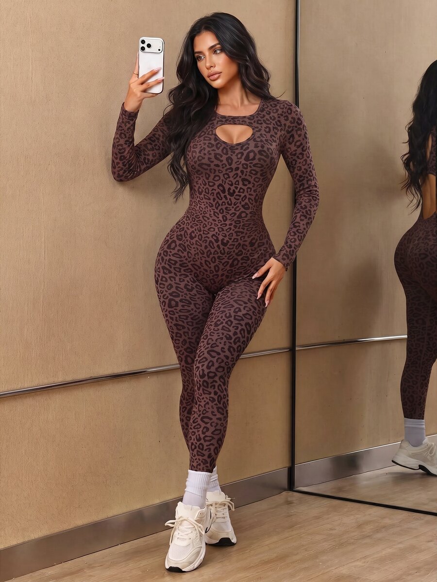 Slayform Women's Leopard Print Cutout Design Long Sleeve Sports Jumpsuit - Brown - View 1